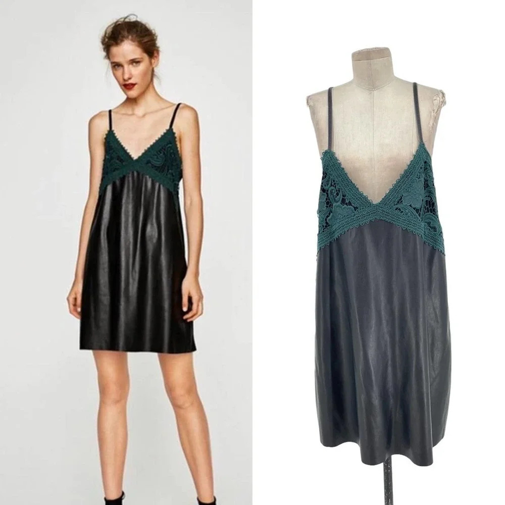 Zara Dress‎ Faux Leather Crochet Embroidered Slip Mini Black Green Size Large